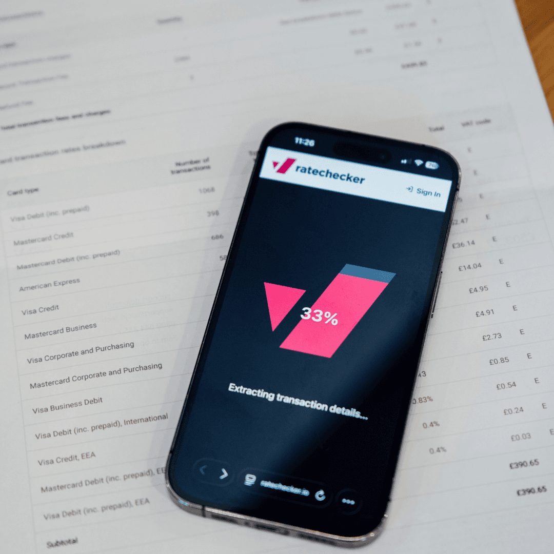 Ratechecker app on phone extracting transaction details from a merchant statement
